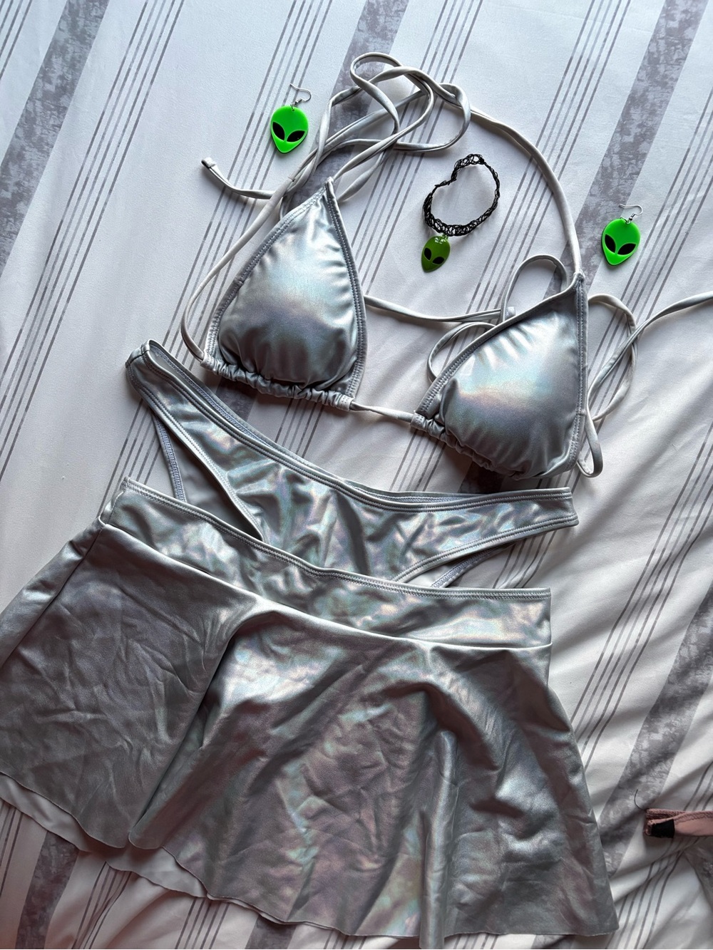 Festival Holographic Silver Bikini Set with Skirt